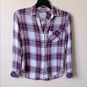 Rails Charli Raspberry Coast White Plaid Linen Blend Button Down Shirt